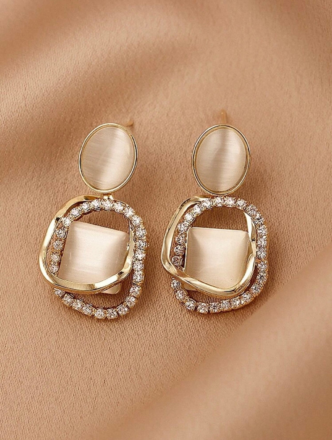 Gold & Beige Diamanté Drop Earrings – Soft Glamour with a Translucent Touch