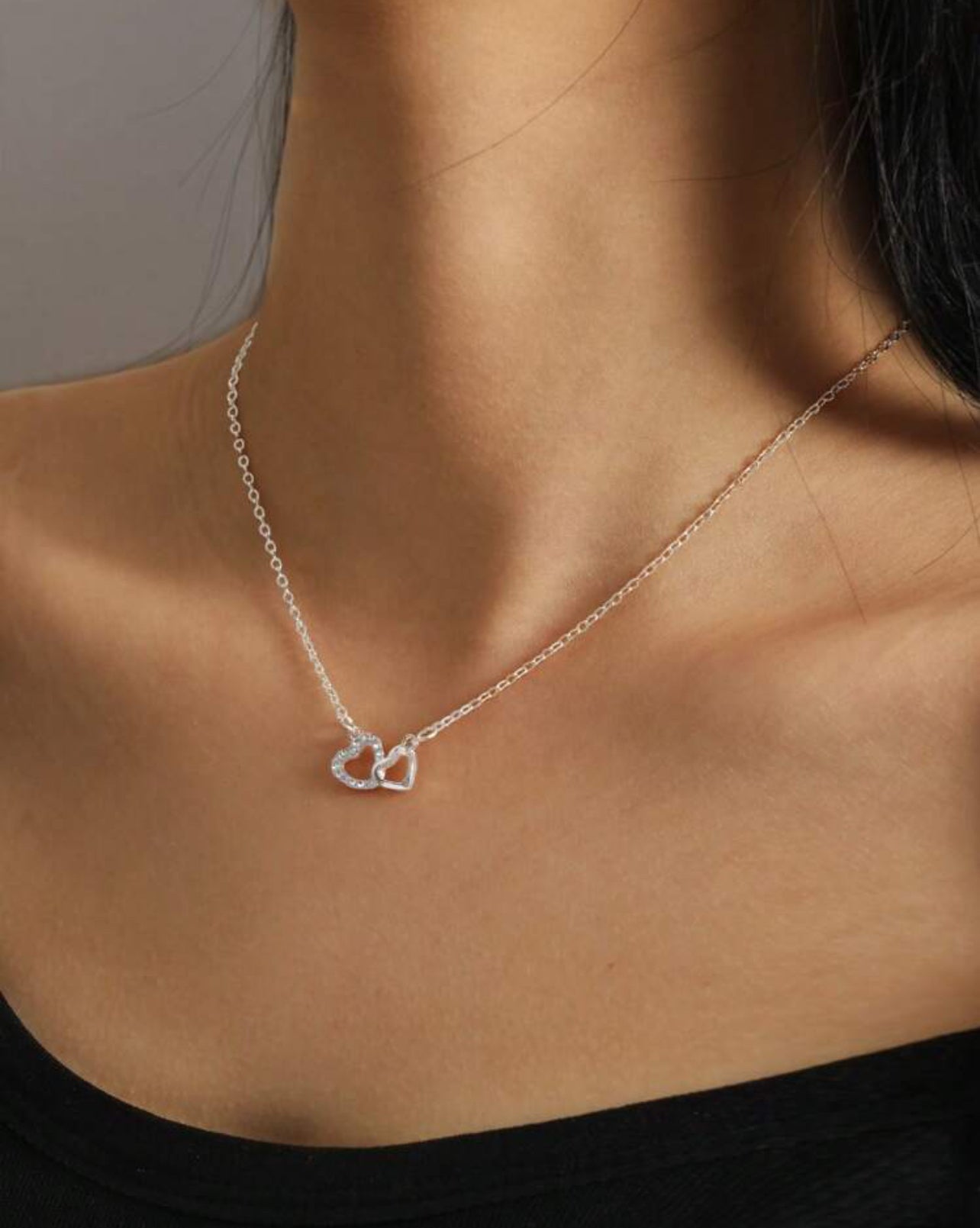 Minimalist Silver Double Heart Necklace – 40-45 cm | Tarnish Resistant Zinc Alloy | Romantic Everyday Elegance