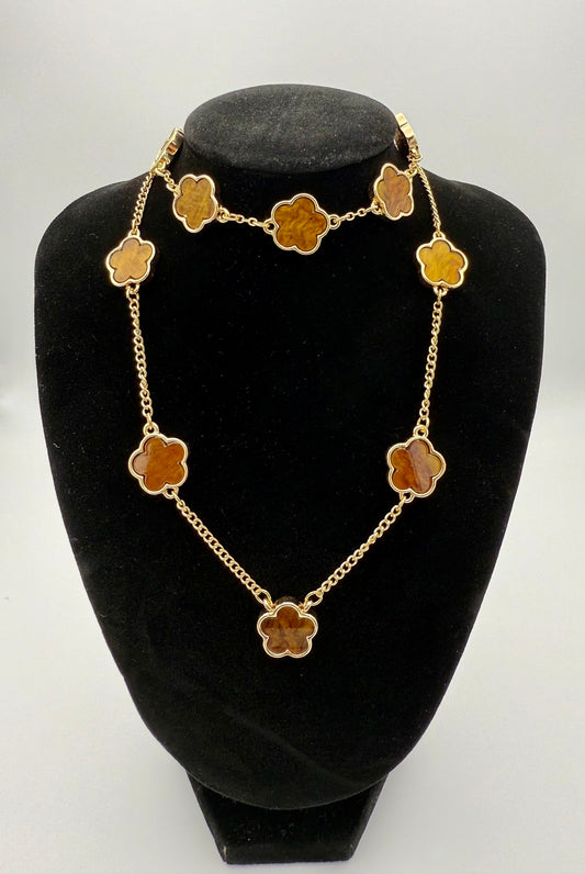 Inspired Clover Bracelet & Necklace Set – Tarnish-Resistant with Faux Tiger’s Eye Inlay – Fashionable Jewellery