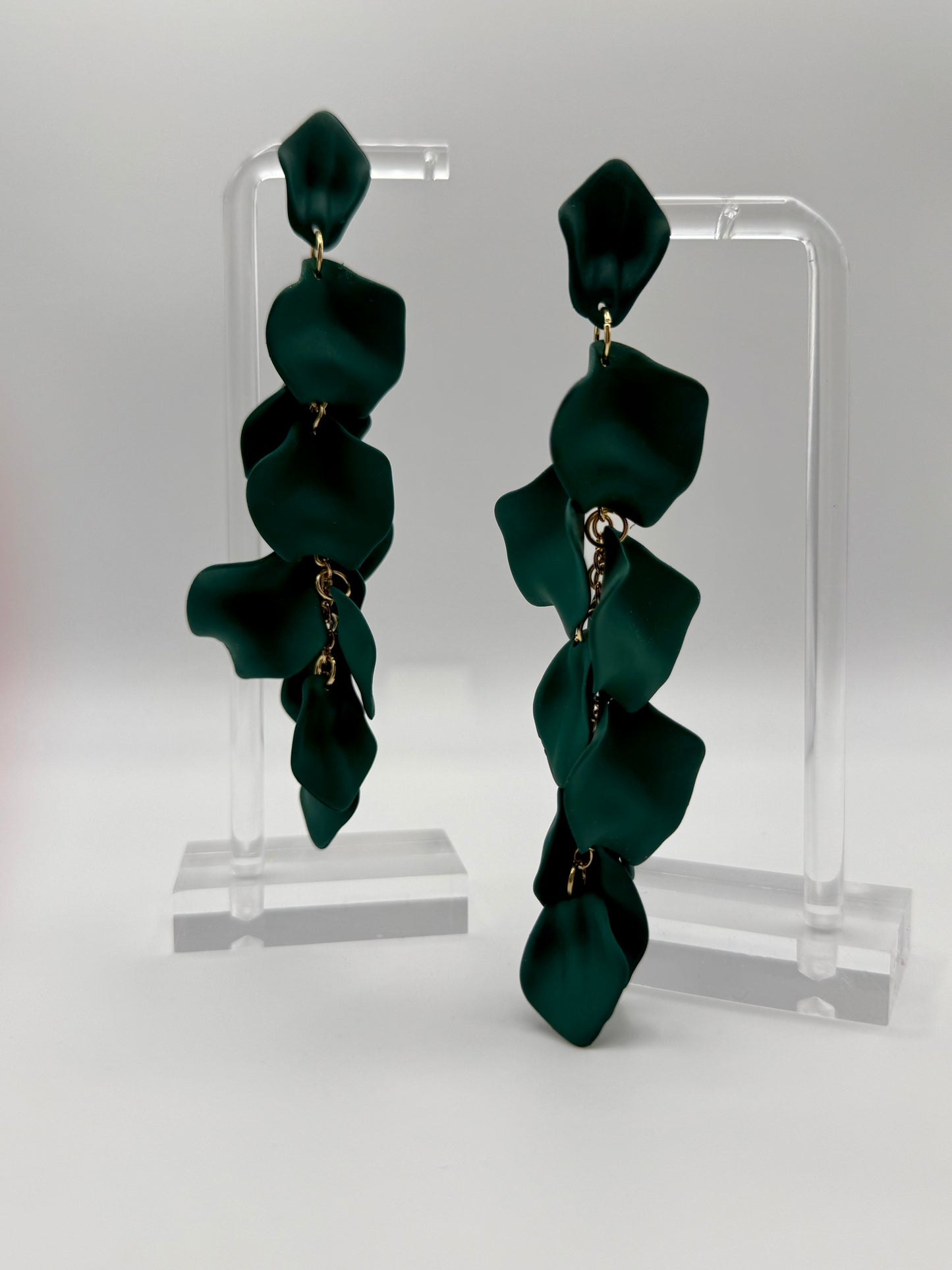 Gold & Dark Green Matte Petal Dangle Earrings – Nature-Inspired Elegance with a Modern Edge