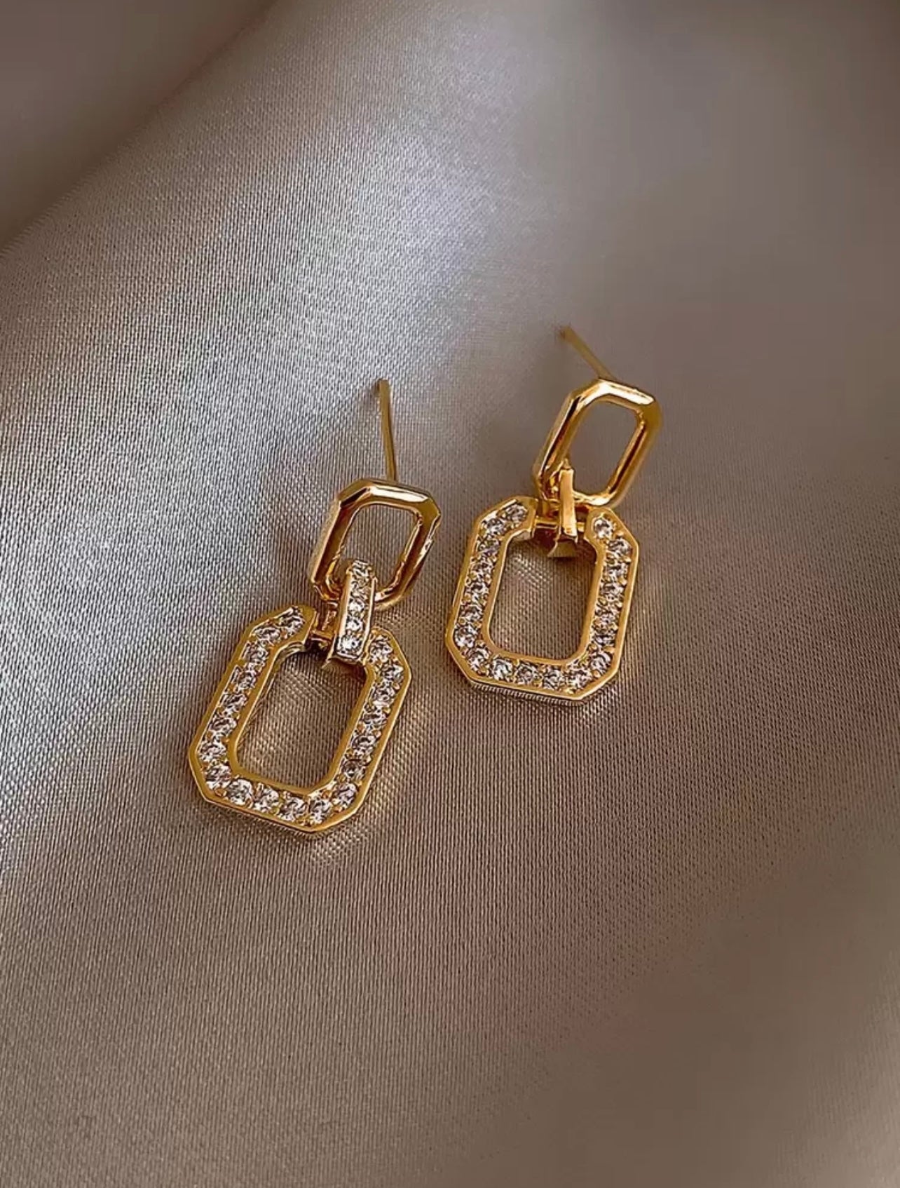 Dramatic Gold Rhinestone Geo Drop Earrings – Tarnish Resistant