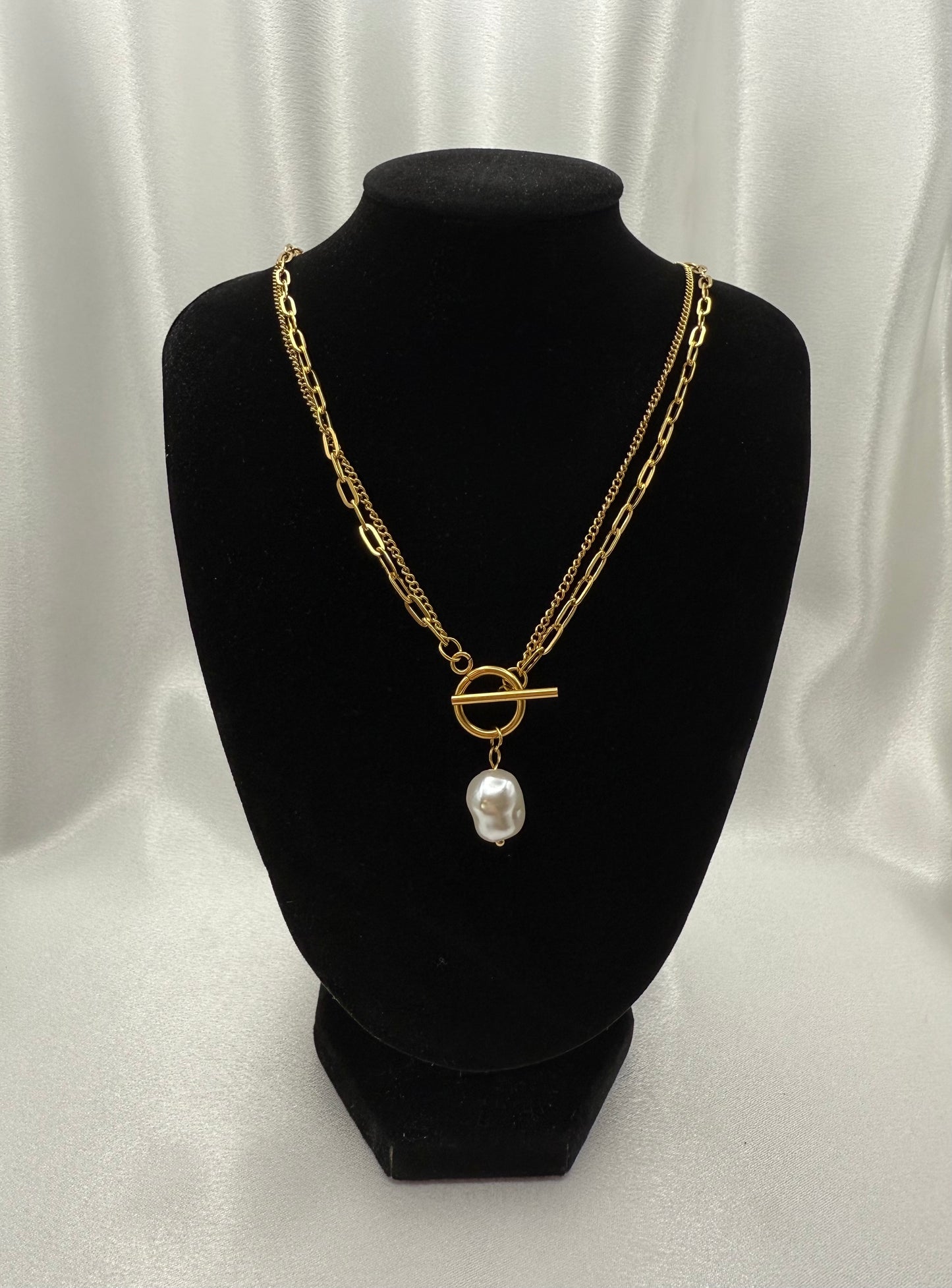 18k Gold Plated T-Bar Pearl Pendant Double Layer Necklace – Elegant, Radiant & Timeless