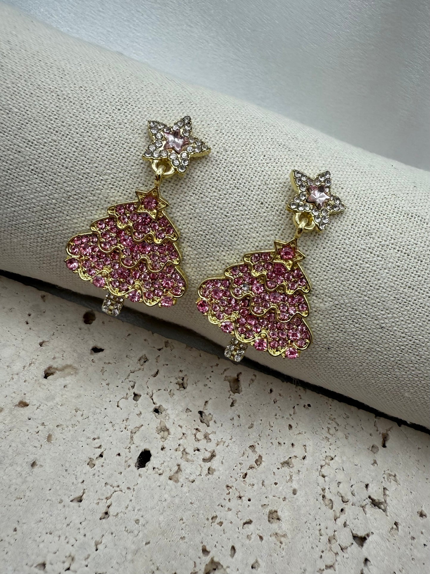 Luxury Sparkling Star Christmas Tree Earrings – Elegant, Radiant & Festive- Pinc Cubic Zirconia