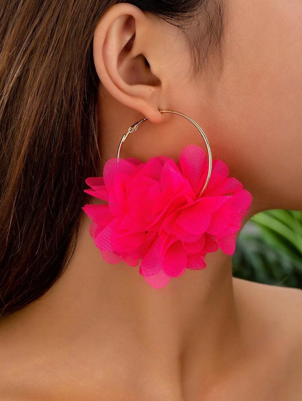 Gold Hoop Earrings with Neon Pink Floral Organza – Bold Statement Set (5 x 7 cm)