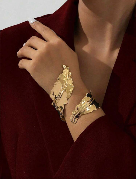 Oversized Gold Metal Leaf Cuff Bangle