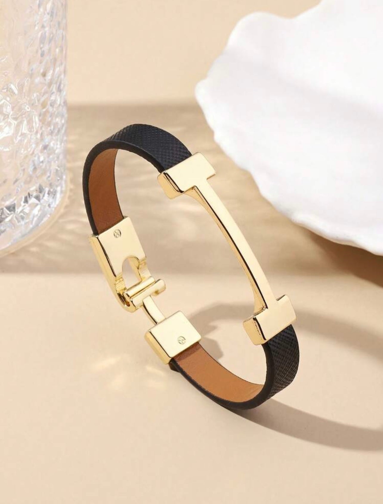 Black & Gold Hermès-Inspired Faux Leather Bracelet – Elegant Fashion Wristband Gift for Her