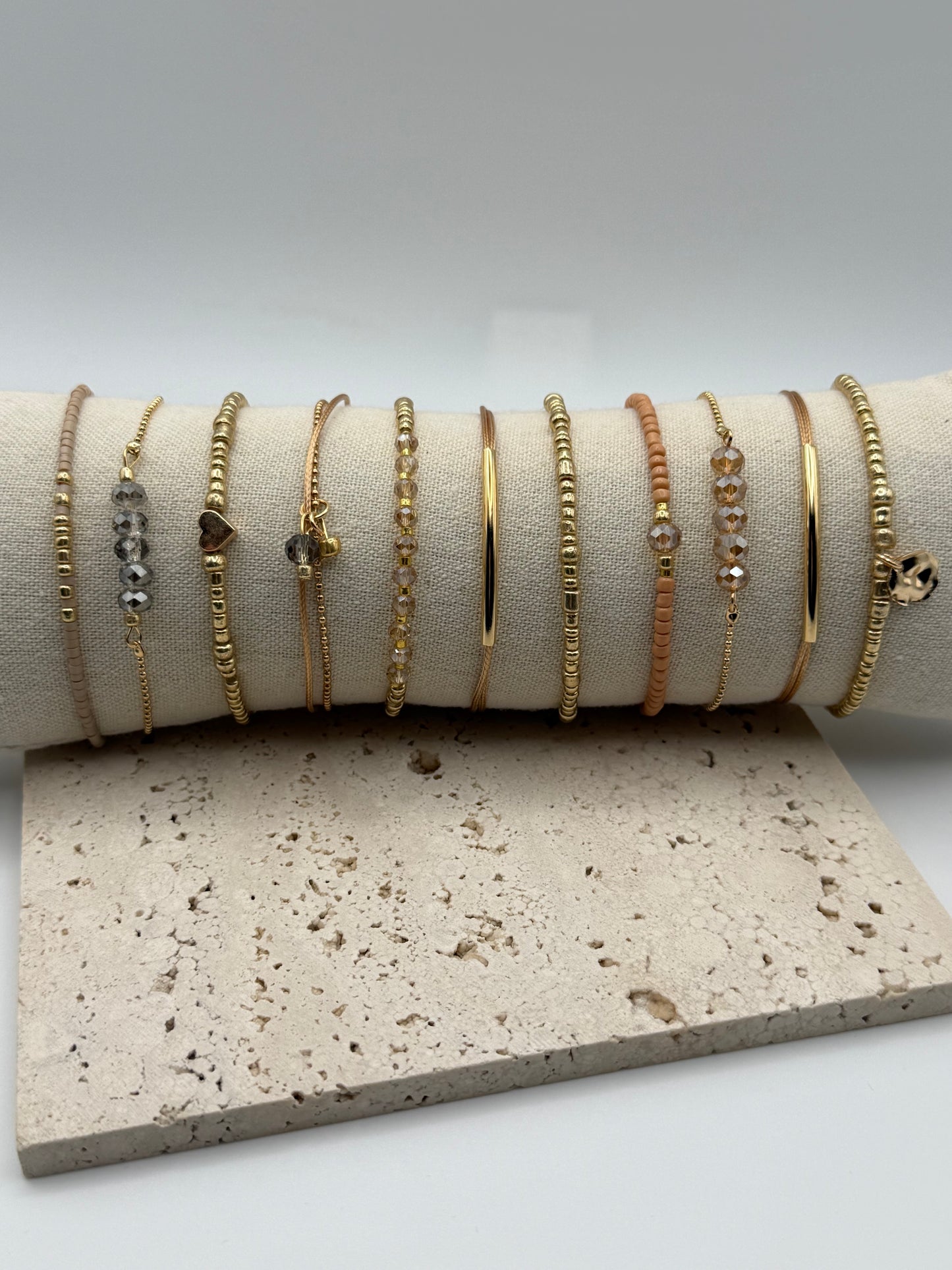 11pc Gold & Khaki Bohemian Heart Woven Beaded Bracelet Set – Adjustable Elastic Stack