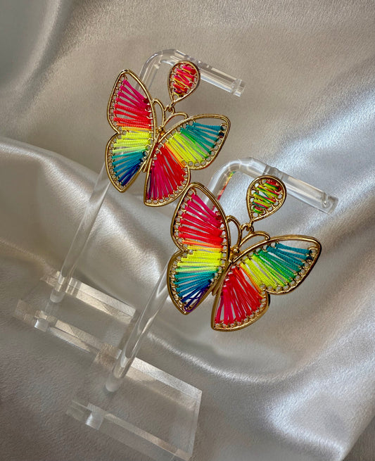 Gold & Rainbow Boho Braided Butterfly Earrings – Handmade Holiday & Festival Jewellery
