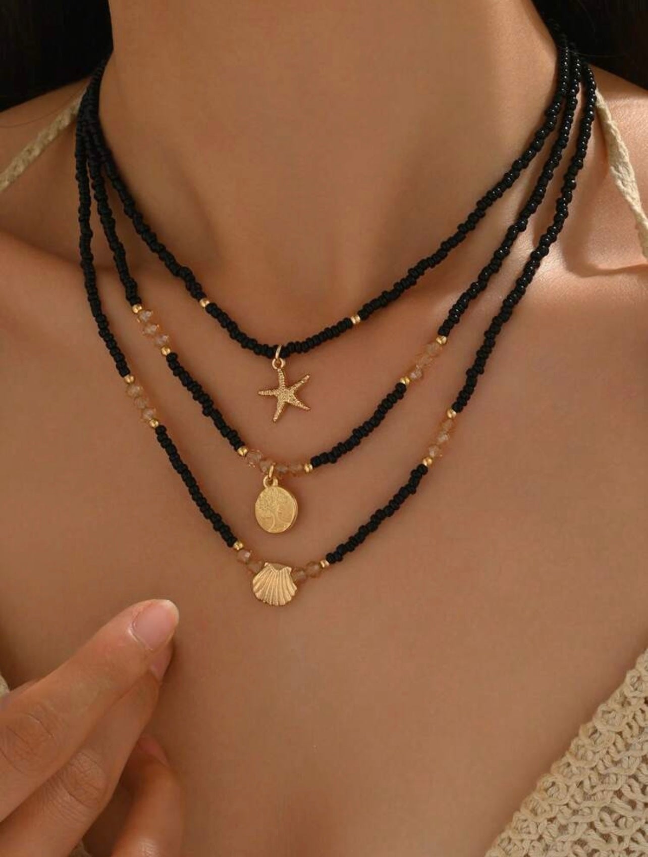 3pc Black & Gold Boho Beach Necklace Set – Starfish & Shell Pendants with Glass Beads