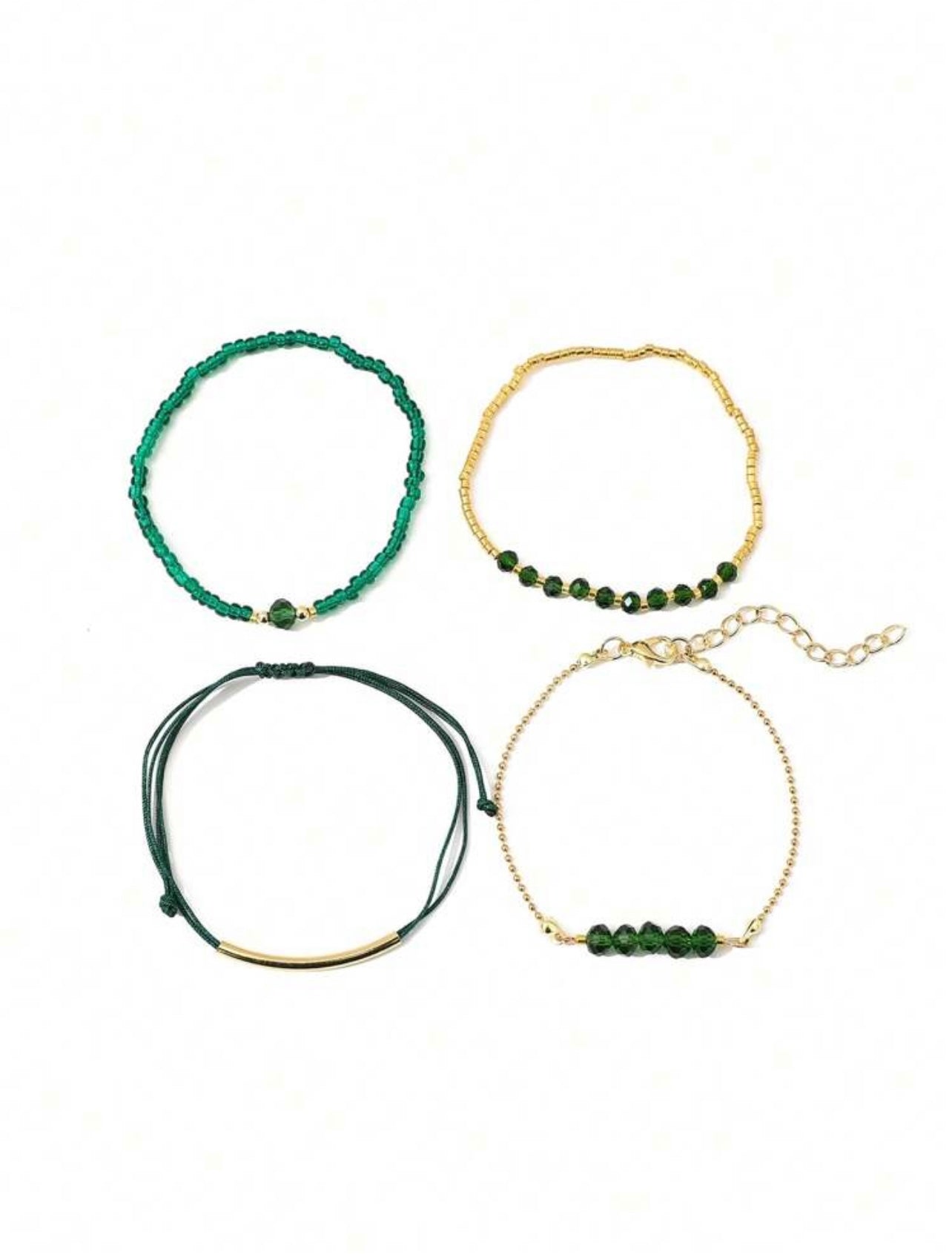 4pc Green & Gold Beaded Bracelet Stack – Handmade Party & Evening Jewellery