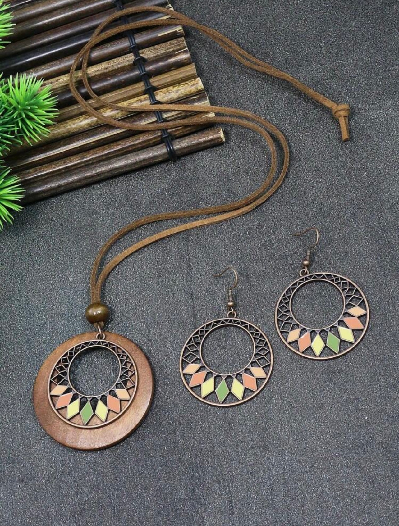 3pc Antique Copper Boho Necklace & Earrings Set – Wooden Rhombus Pendant Jewellery for Daily Wear & Events