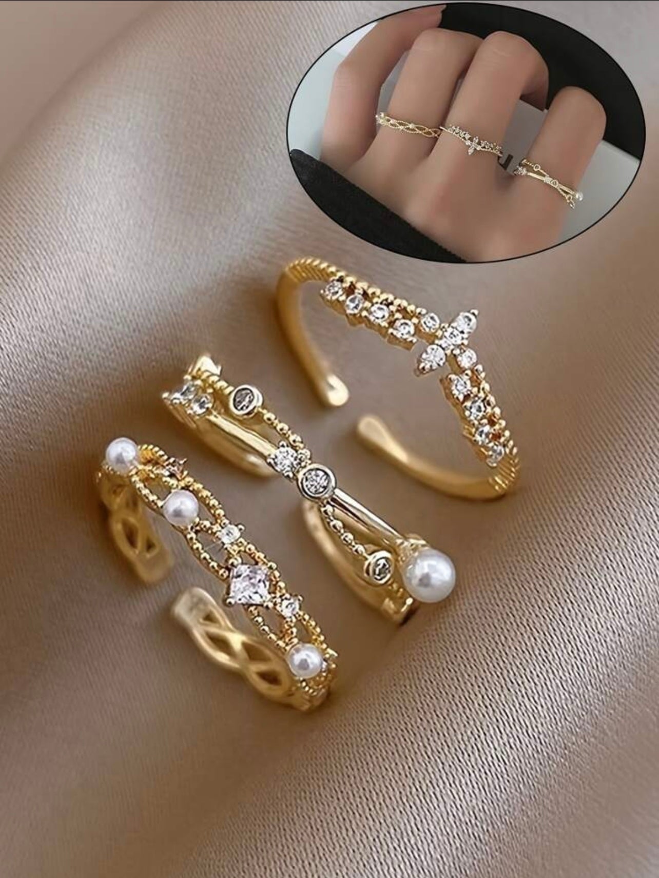 3pc Gold Faux Pearl & Rhinestone Cuff Ring Set – Stackable Elegant Style