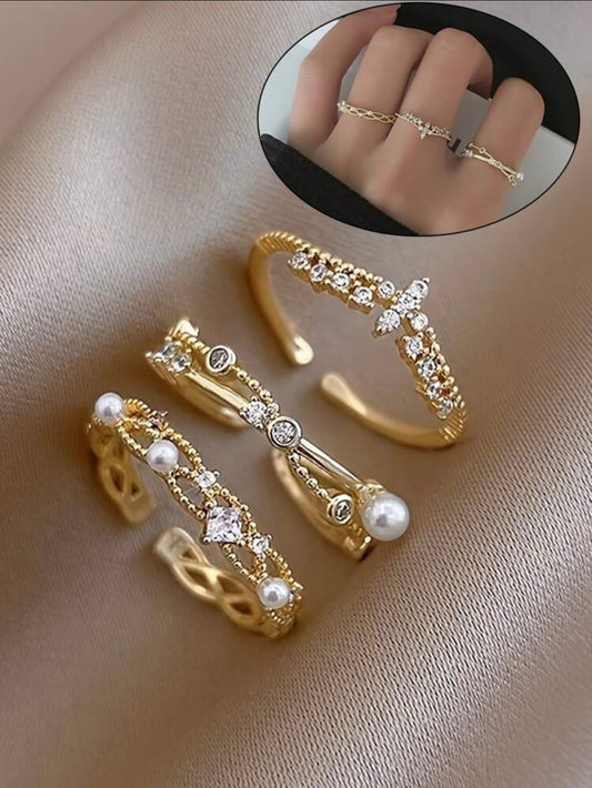 3pc Gold Faux Pearl & Rhinestone Cuff Ring Set – Stackable Elegant Style