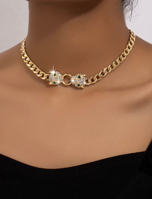 Leopard Head Pendant Choker Style Necklace – Inspired by Bvlgari, Rhinestone-Embellished & Tarnish-Resistant