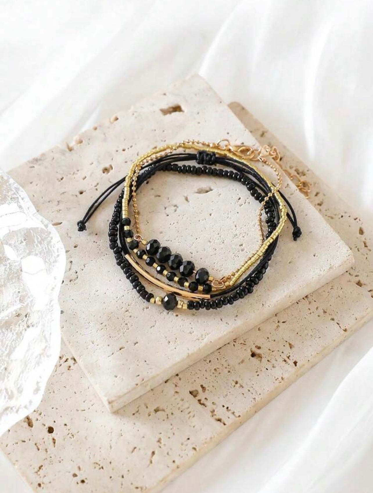 4pc Black & Gold Beaded Bracelet Stack – Handmade Party & Evening Jewellery