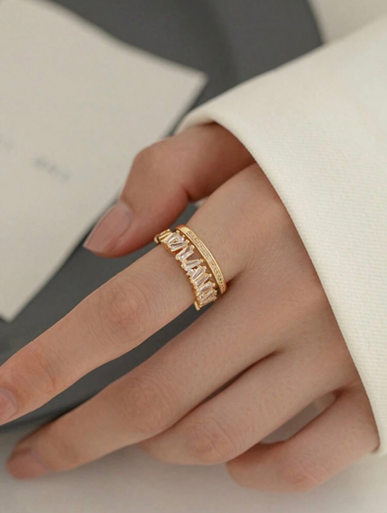 Gold-Tone Double-Layer Zirconia Open Ring – High-End Asymmetrical Sparkle