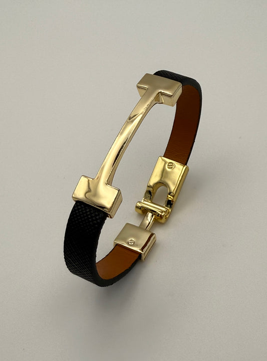 Black & Gold Hermès-Inspired Faux Leather Bracelet – Elegant Fashion Wristband Gift for Her