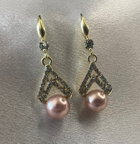 Art Deco Gold Diamanté & Faux Rose Pearl Drop Earrings – Vintage Glamour with a Modern Twist