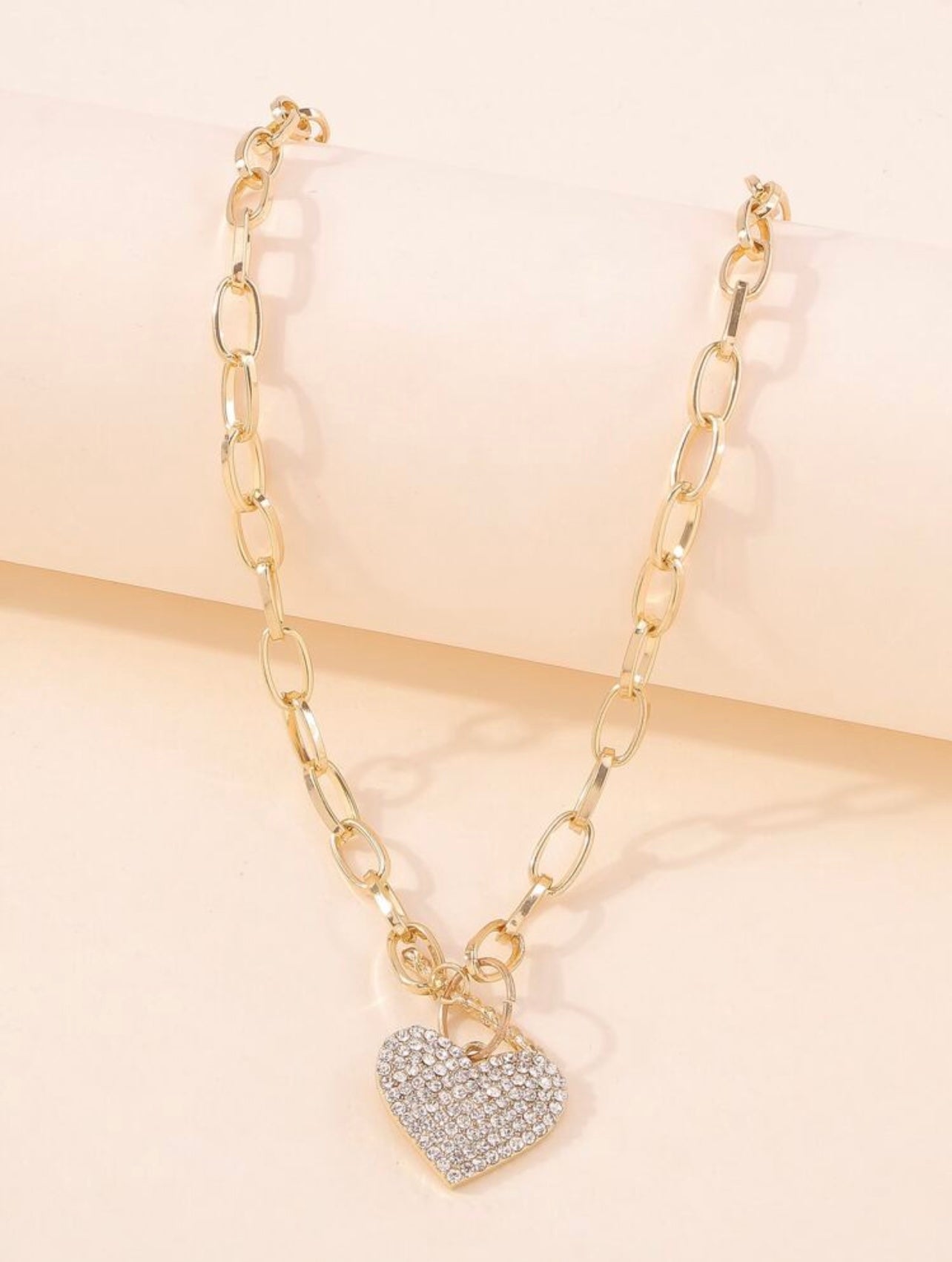 Tarnish-Resistant Rhinestone Gold Heart Charm Necklace – Paperclip Chain with T-Bar Clasp