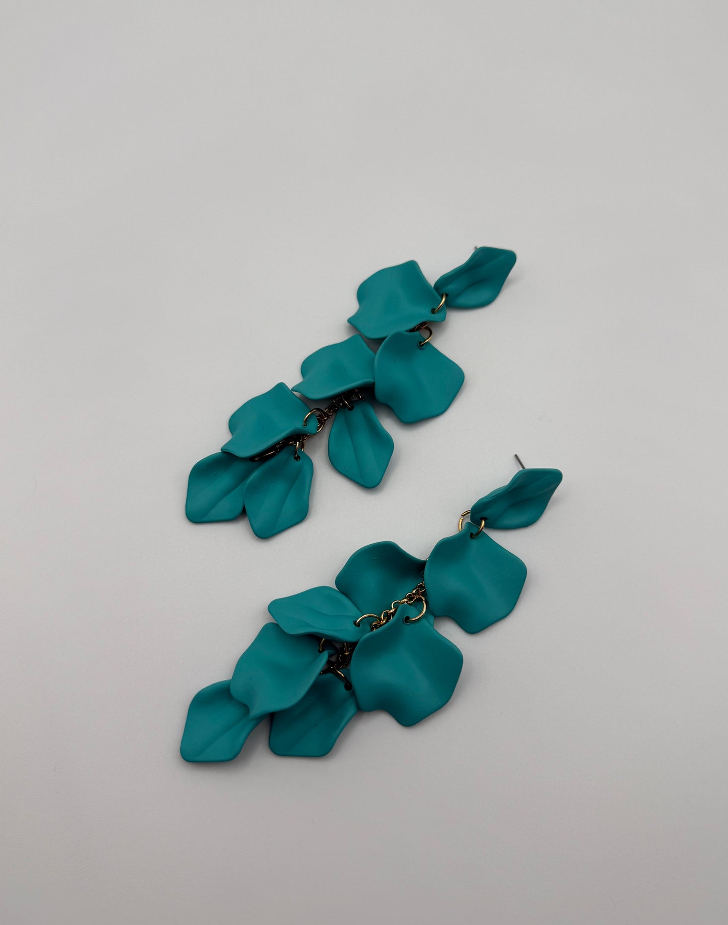 Gold & Matte Teal Petal Dangle Earrings – Nature-Inspired Elegance with a Modern Edge