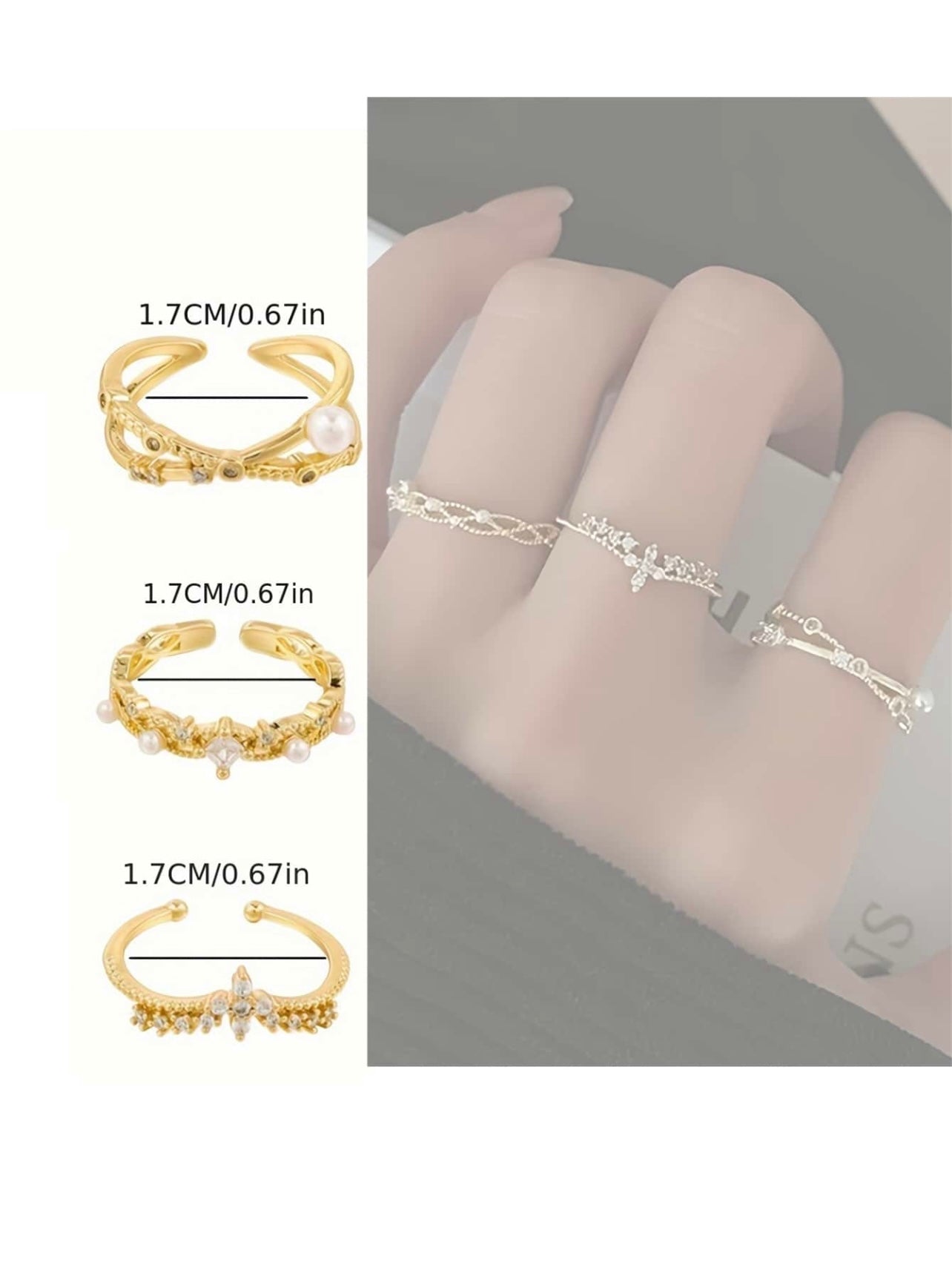 3pc Gold Faux Pearl & Rhinestone Cuff Ring Set – Stackable Elegant Style