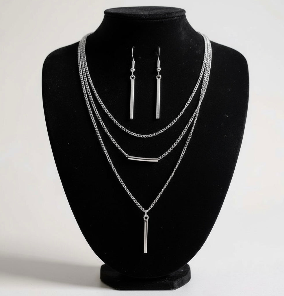 Silver Bohemian Minimalist Jewellery Set – Geometric Pendant Necklace & Earrings