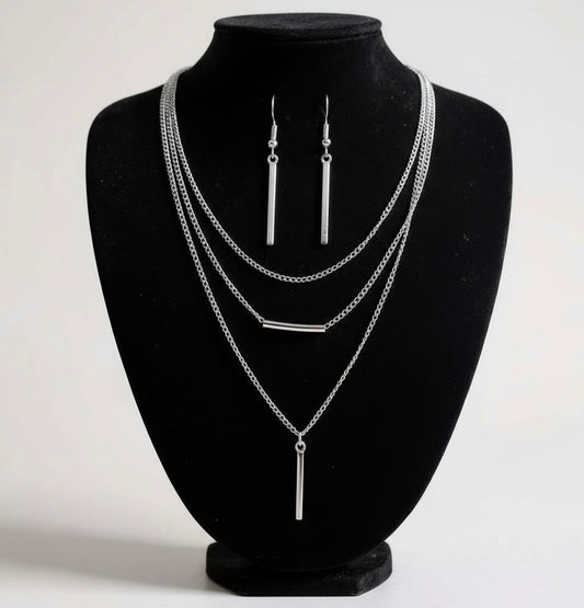 Silver Bohemian Minimalist Jewellery Set – Geometric Pendant Necklace & Earrings