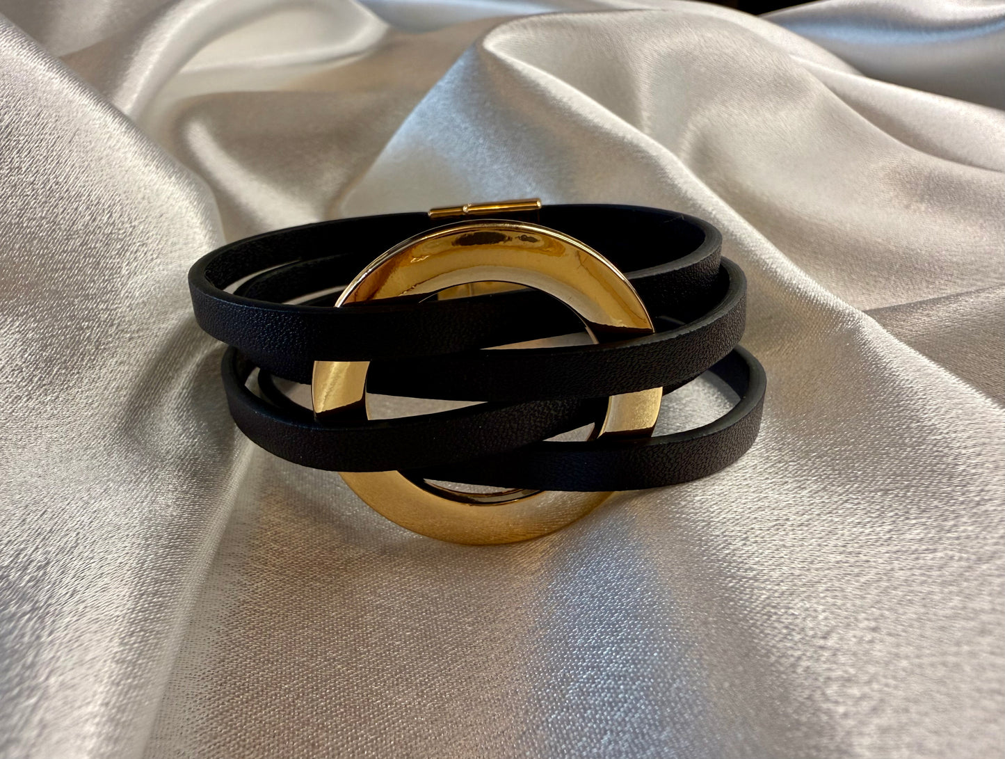 Leatherette Black & Gold Cuff Bracelet – Modern Texture with Effortless Elegance