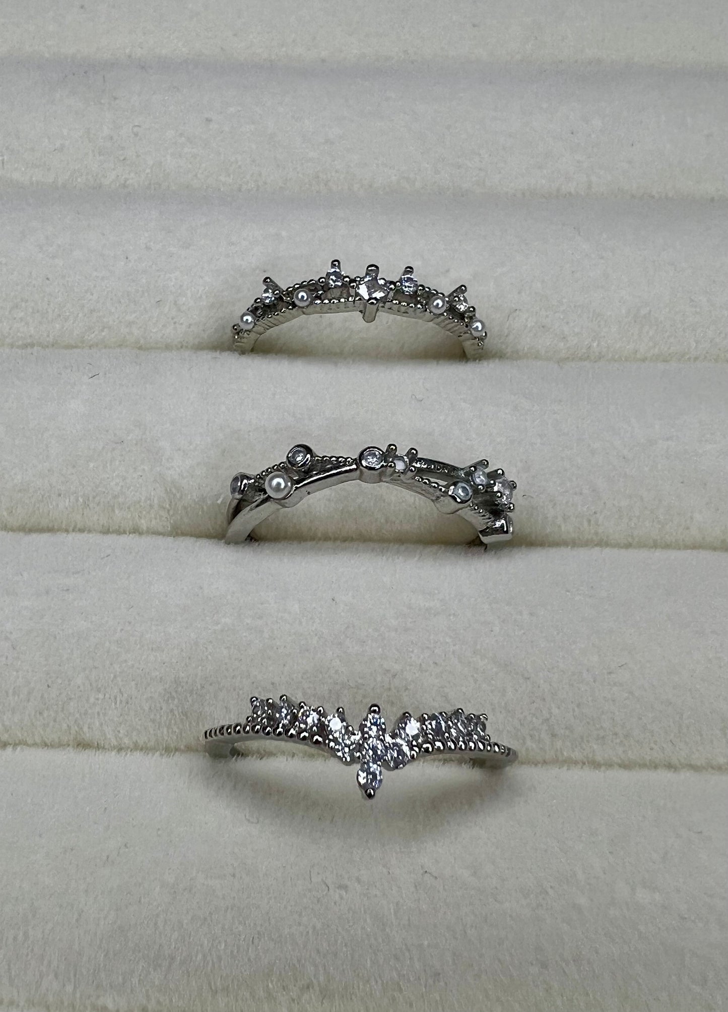 3pc Silver-Tone Faux Pearl & Rhinestone Cuff Ring Set – Stackable Elegant Style