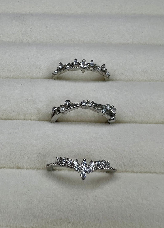 3pc Silver-Tone Faux Pearl & Rhinestone Cuff Ring Set – Stackable Elegant Style