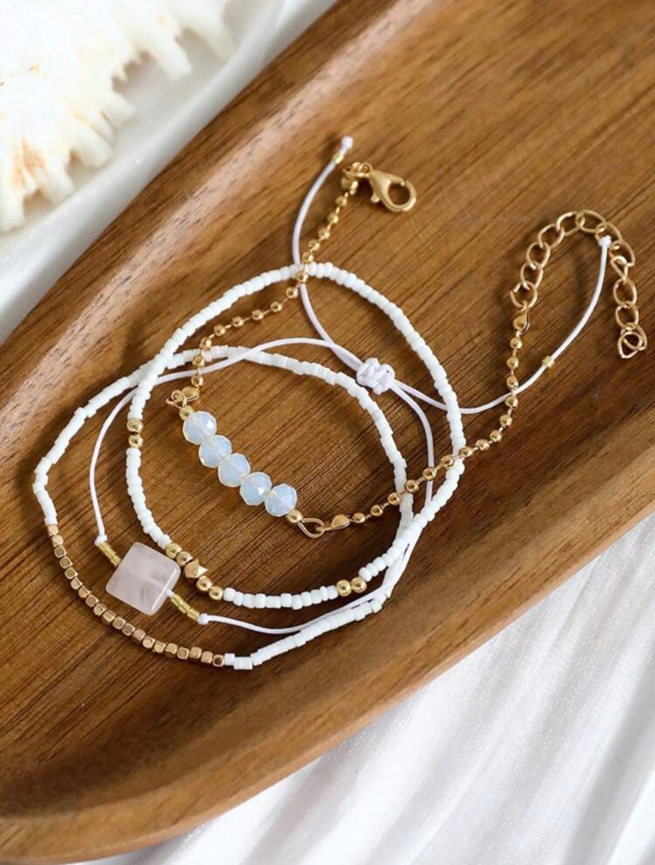 4pc White & Gold Gem Bracelet Stack – Handmade Holiday & Party Jewellery
