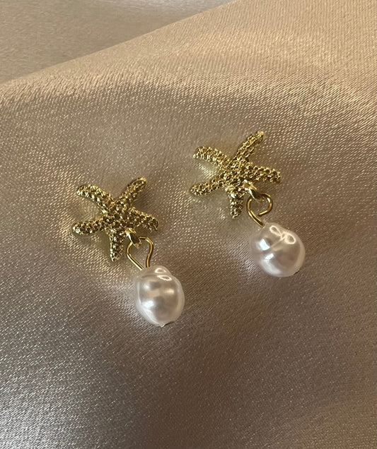 Minimalist Gold Starfish & Faux Pearl Drop Earrings