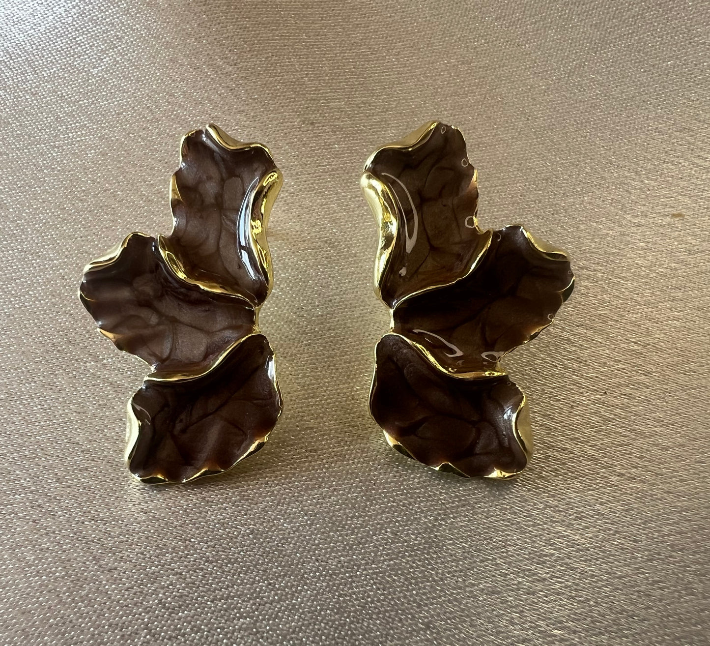 Elegant Gold & Coffee Enamel Flower Oil Drop Earrings – Tarnish Resistant