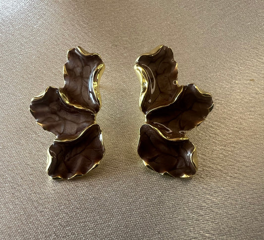 Elegant Gold & Coffee Enamel Flower Oil Drop Earrings – Tarnish Resistant