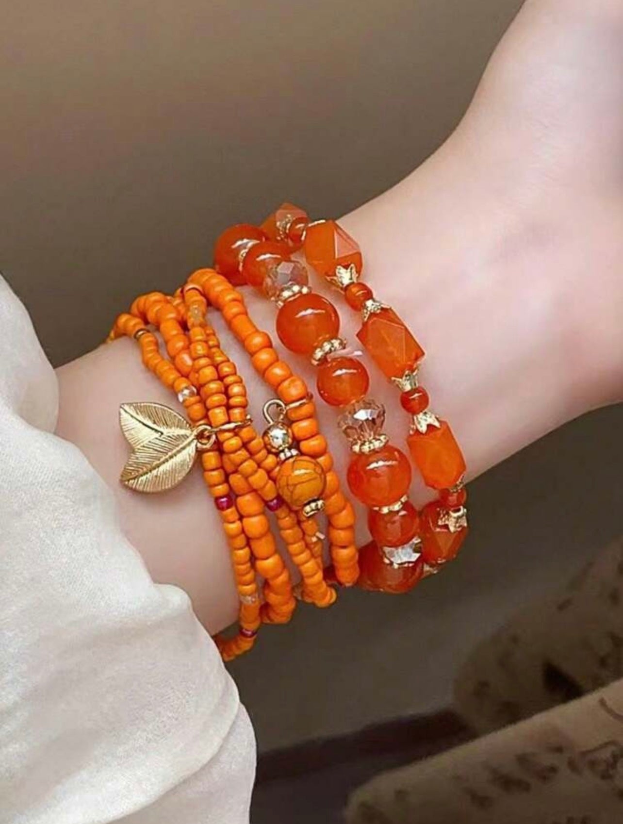 4pc Handmade Orange Seed & Glass Beaded Bracelet Stack – Vibrant Jewellery Set for Women