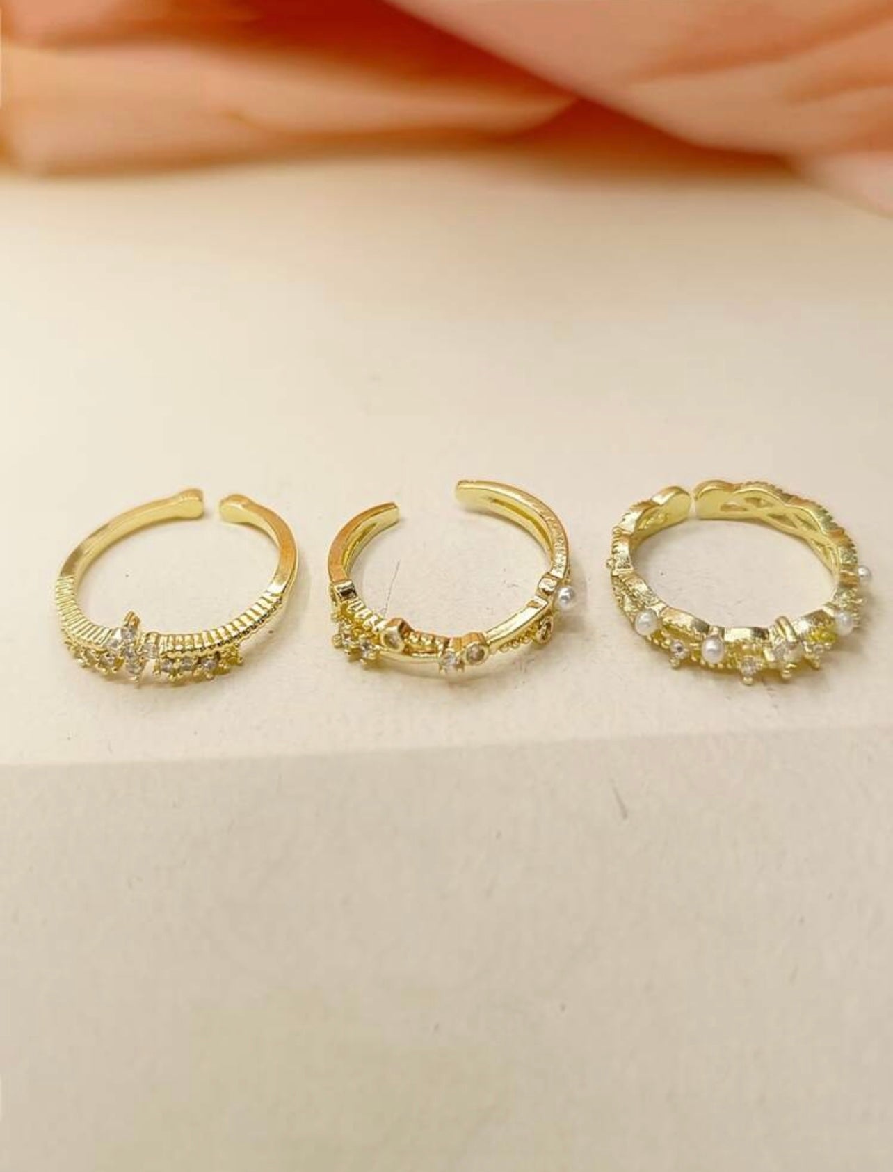3pc Gold Faux Pearl & Rhinestone Cuff Ring Set – Stackable Elegant Style