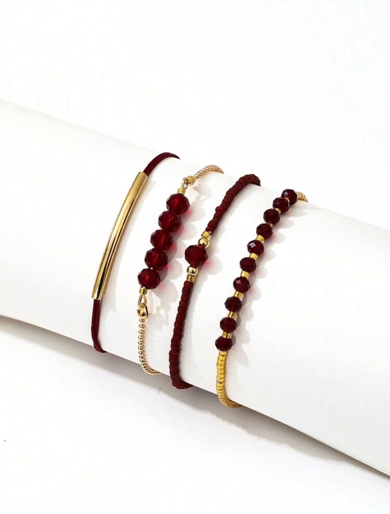 4pc Burgundy & Gold Faux Gemstone Bracelet Stack – Handmade Holiday & Party Jewellery