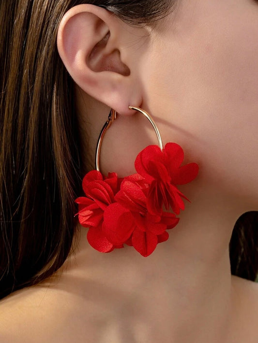 Gold & Red Flower Hoop Earrings – Bold Florals with Luxe Contrast