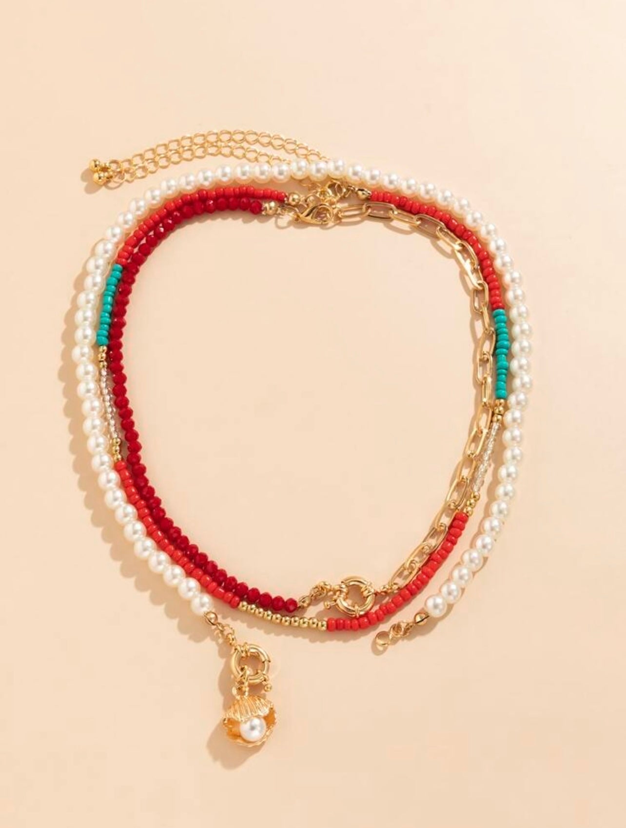 3pc Nautical Shell Necklace Set – Faux Pearls, Red & Blue Beads, and Gold Charm Accents
