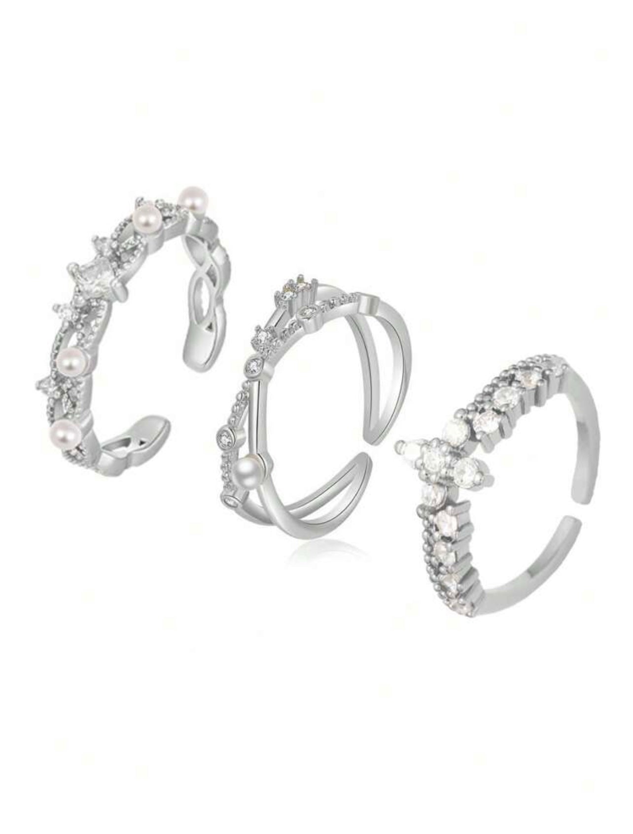 3pc Silver-Tone Faux Pearl & Rhinestone Cuff Ring Set – Stackable Elegant Style