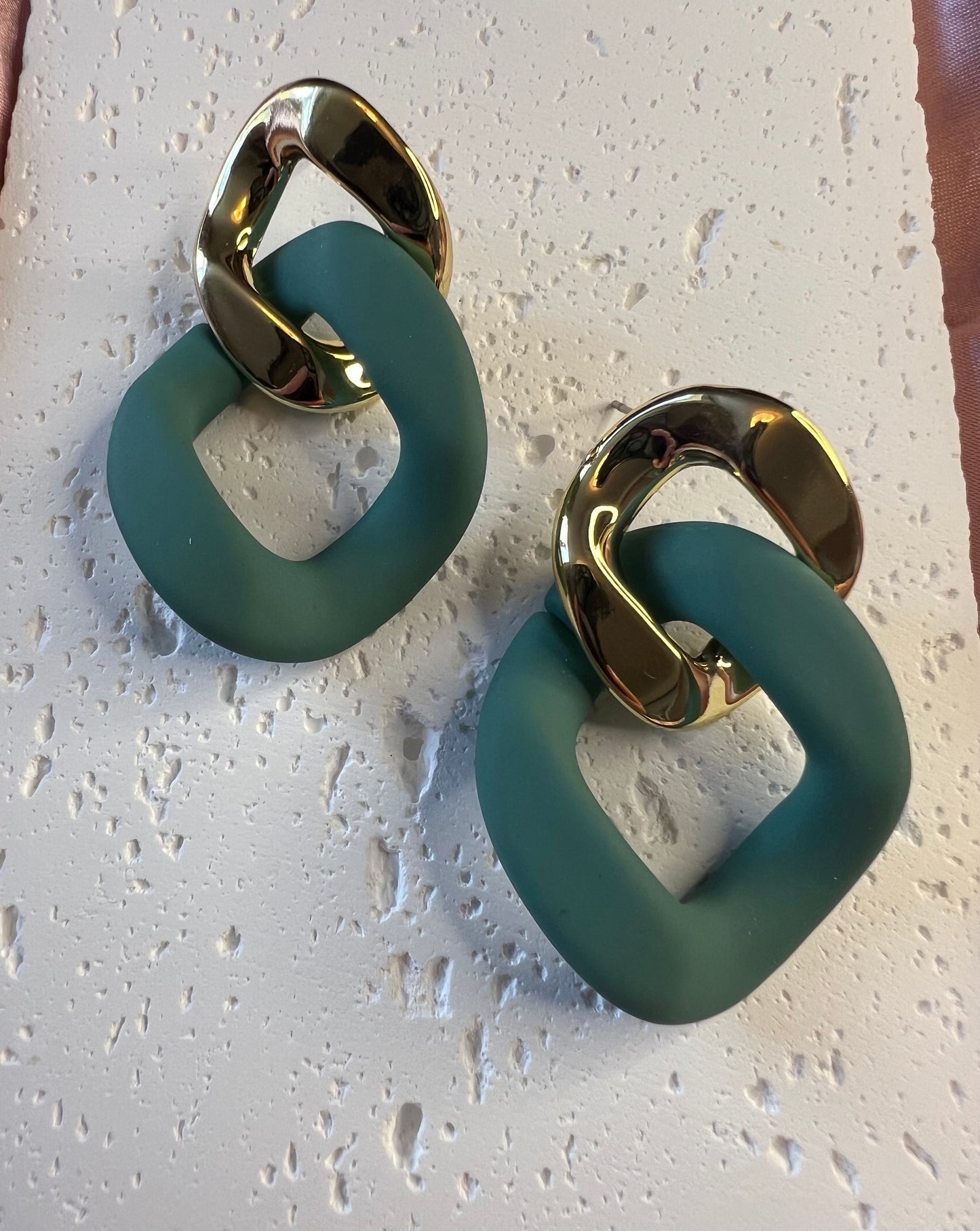Gold and Green Geometric Drop Earrings – Bold Colour, Modern Edge