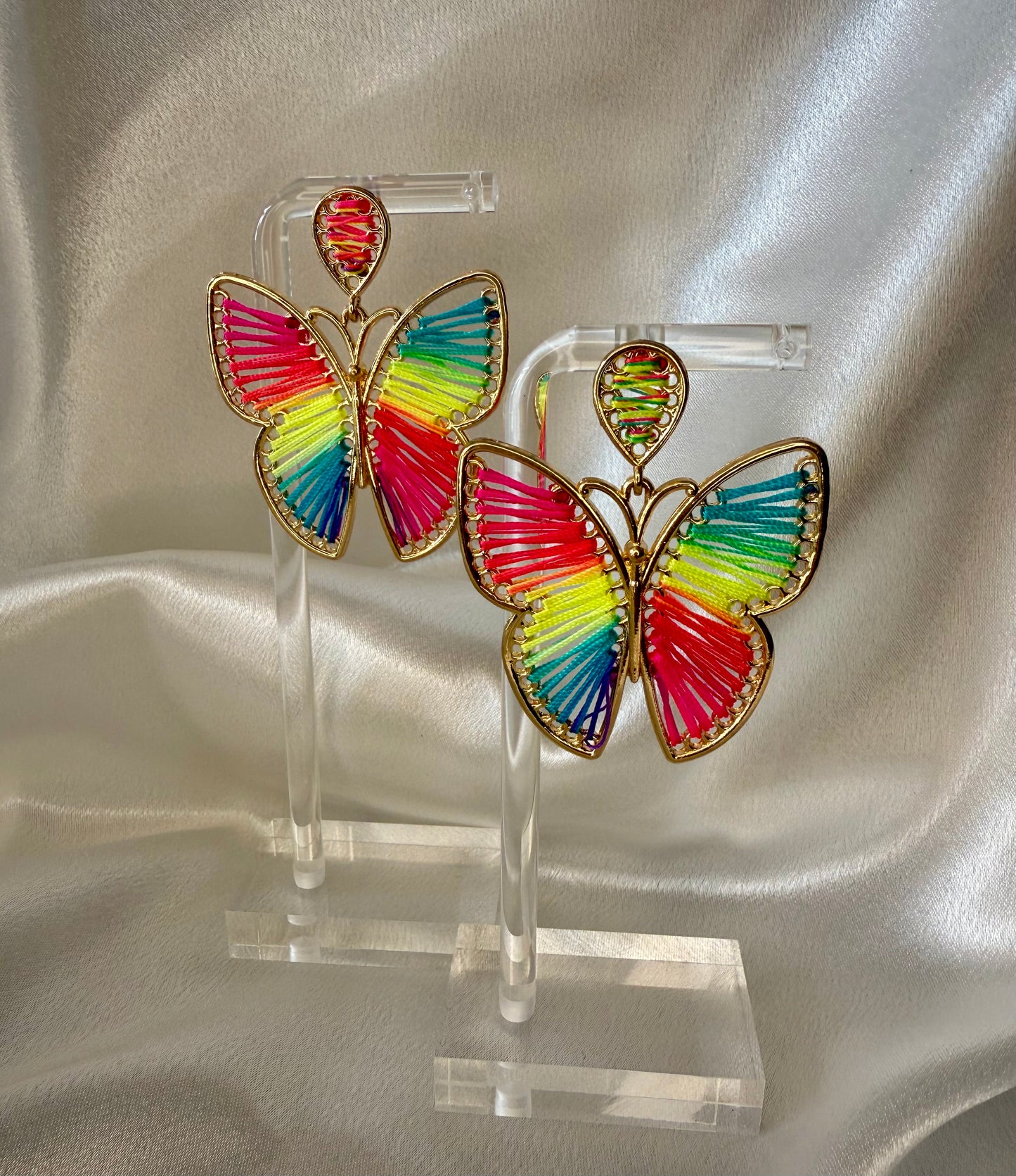 Gold & Rainbow Boho Braided Butterfly Earrings – Handmade Holiday & Festival Jewellery
