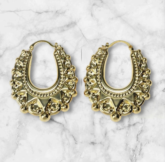 18K Gold Plated Vintage Crown & Horseshoe Creole Earrings – Large | Non-Fading & Hypoallergenic