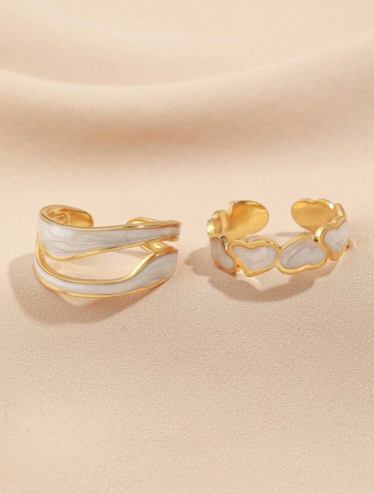 2pc Gold Positive & Negative Love Open Ring Set – Cream Marble Enamel, Perfect Gift