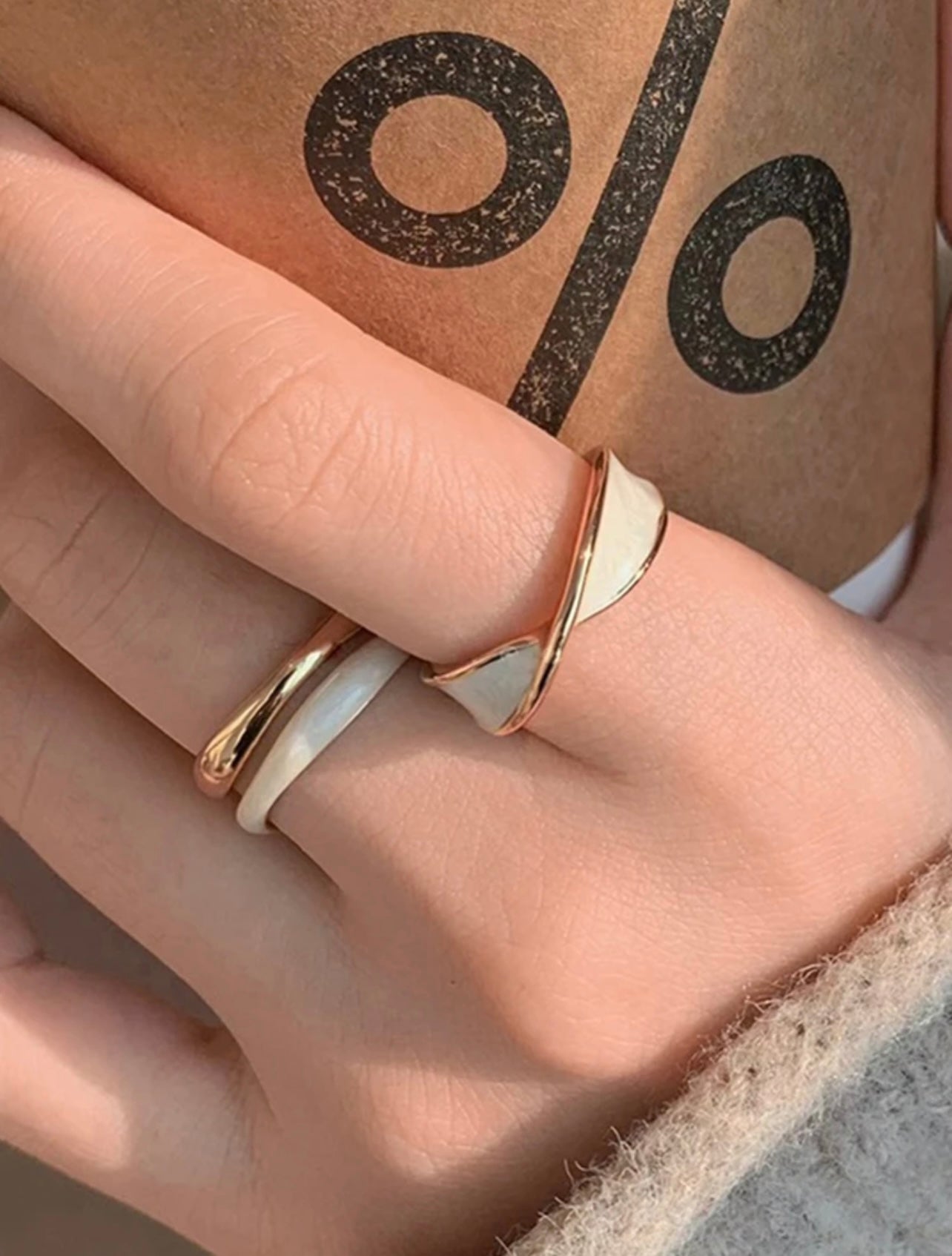 2pc Gold Criss-Cross Open Ring Set – Glossy Cream Enamel, Luxury Everyday Gift