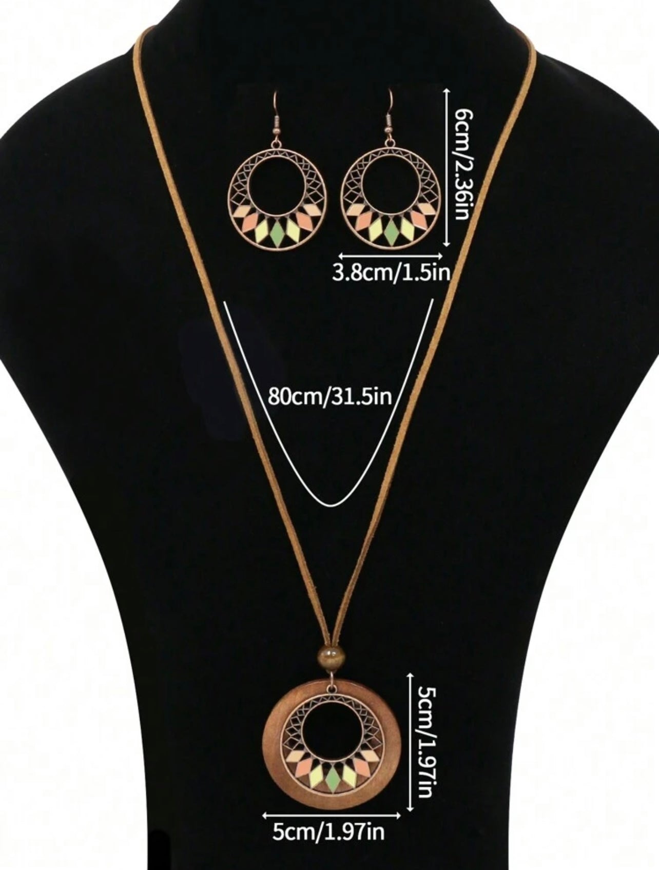3pc Antique Copper Boho Necklace & Earrings Set – Wooden Rhombus Pendant Jewellery for Daily Wear & Events