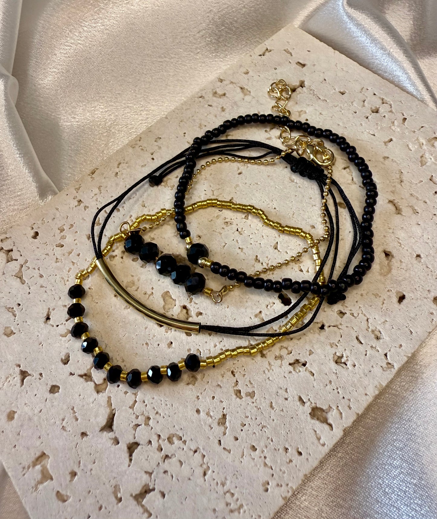 4pc Black & Gold Beaded Bracelet Stack – Handmade Party & Evening Jewellery