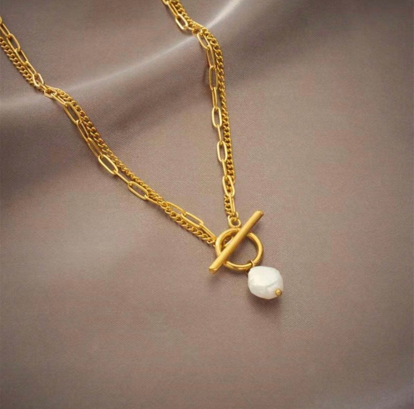 18k Gold Plated T-Bar Pearl Pendant Double Layer Necklace – Elegant, Radiant & Timeless