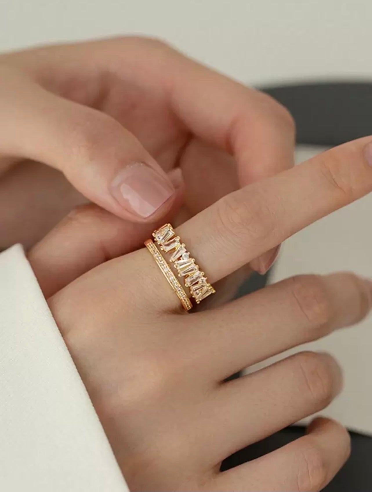 Gold-Tone Double-Layer Zirconia Open Ring – High-End Asymmetrical Sparkle