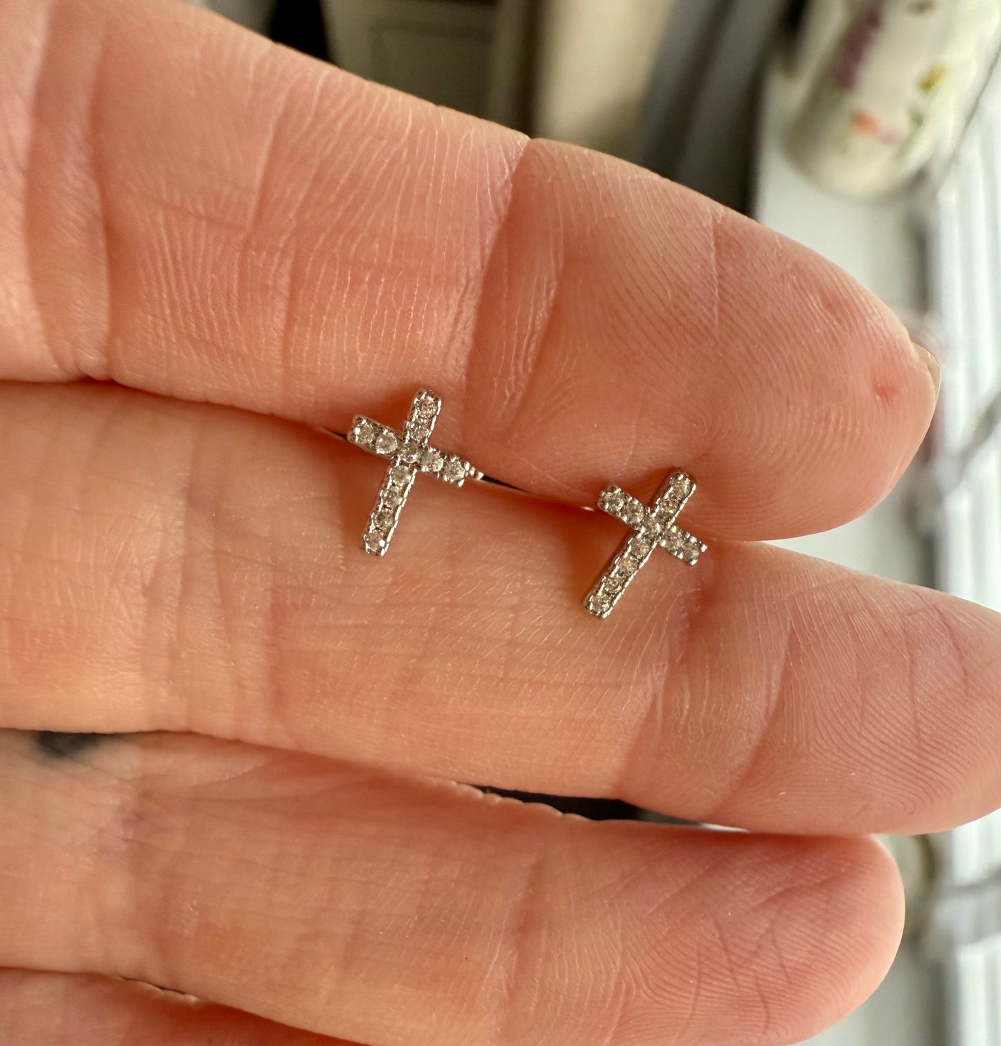 Hypoallergenic Tarnish Resistant Gold plated Silver Tone Cross Stud Earrings with CZ